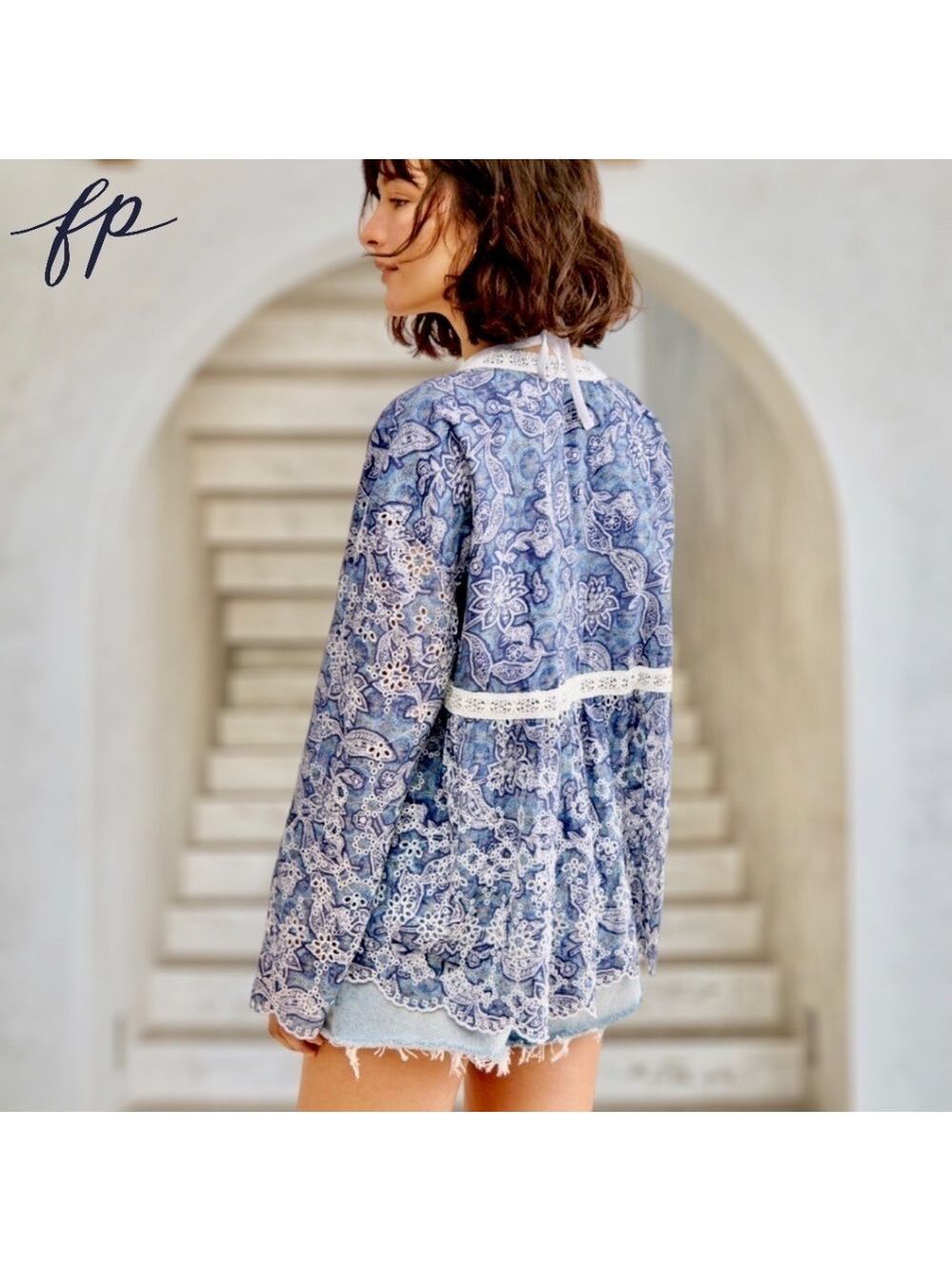 FREE PEOPLE NWT Anissa Floral-Print Eyelet/Embroidered Tie-Front Bed Jacket/Lg - Picture 8 of 14